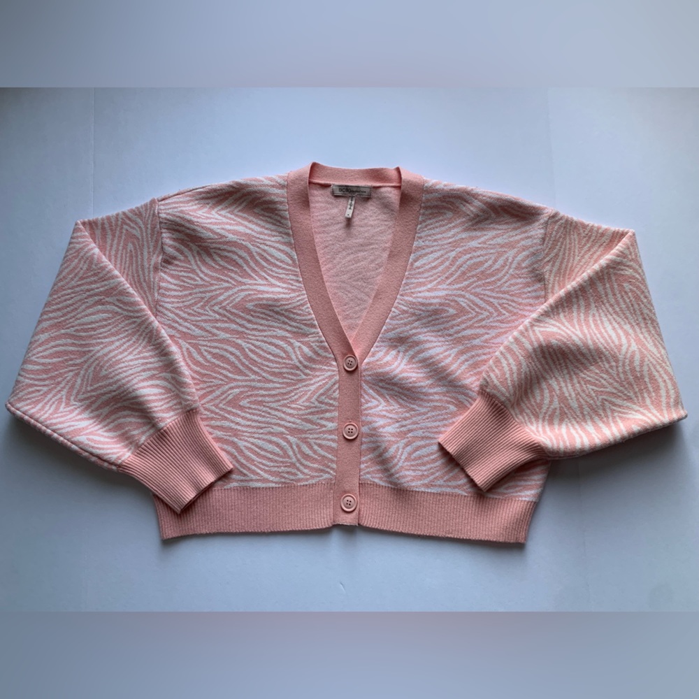 NWOT BCBG Generation Medium Cardigan Pink and White Zebra Stripes Soft Cropped